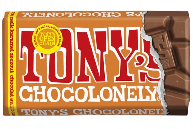 Chocolade Tony's Chocolonely melk karamel zeezout reep 90 gram