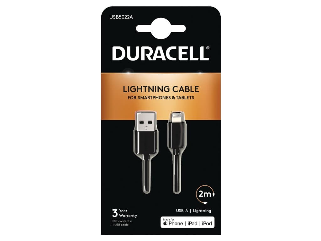Duracell USB5022A Lightning-kabel 2 m Zwart